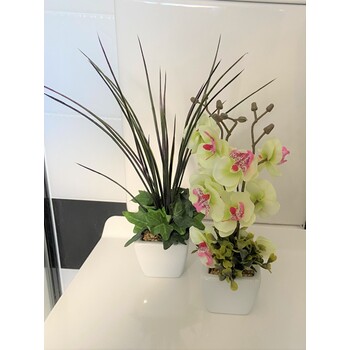 A Set of 2 Cream Orchids and Grasses in ceramic 